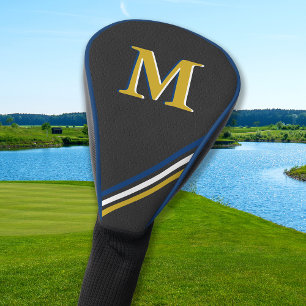 Black Leather Personalised Monogram Stripes Gold Golf Head Cover