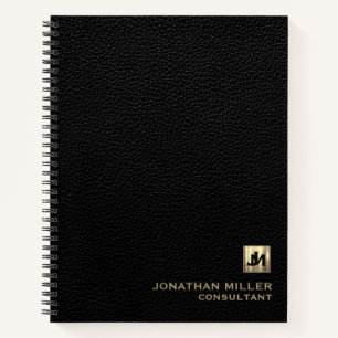 Black Leather Print with Gold Monogram Initials Notebook