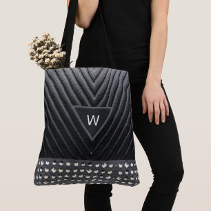 Black Leather Quilted Goemtric Pattern Name Tote Bag