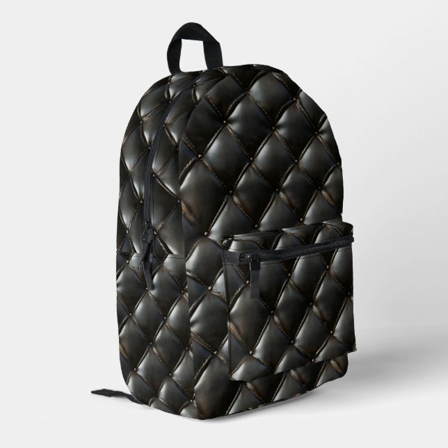 Black Leather Quilted Pattern Printed Backpack (Back Corner Left)