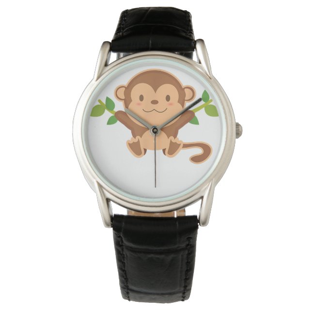 Black Leather Round Watch For Fan Of Monkey (Front)