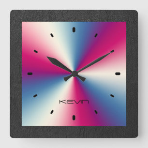 Black Leather & Shiny Metallic Stainless Steel Square Wall Clock