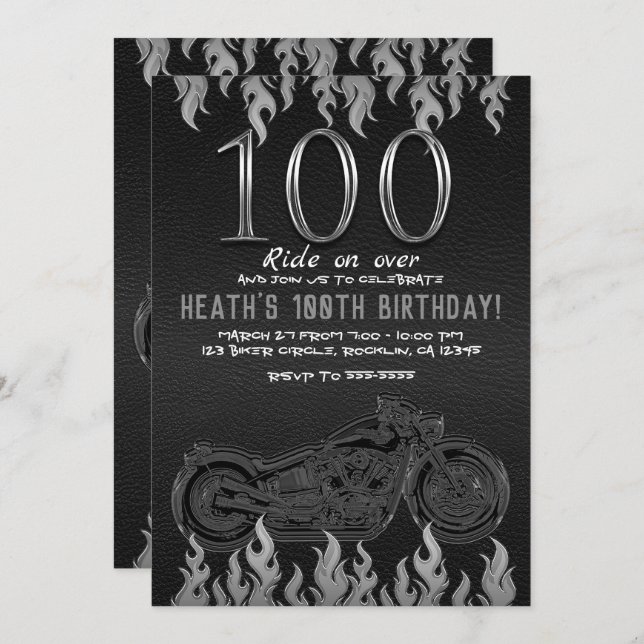 Black Leather Silver Motorcycle 100TH 100 Birthday Invitation (Front/Back)