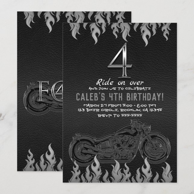 Black Leather Silver Motorcycle 4 4th Birthday Invitation (Front/Back)
