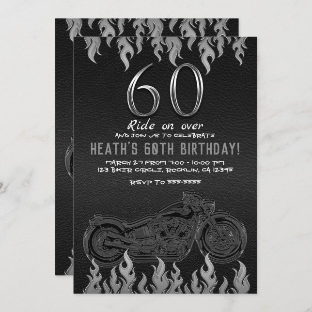 Black Leather Silver Motorcycle 60TH 60 Birthday Invitation (Front/Back)