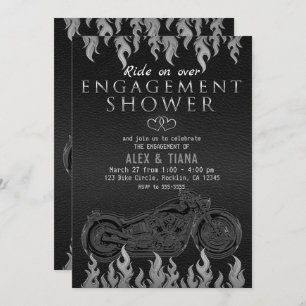 Black Leather Silver Motorcycle Engagement Shower Invitation