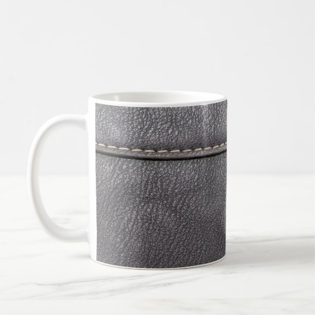 Black leather stitched with white stitching coffee mug (Left)