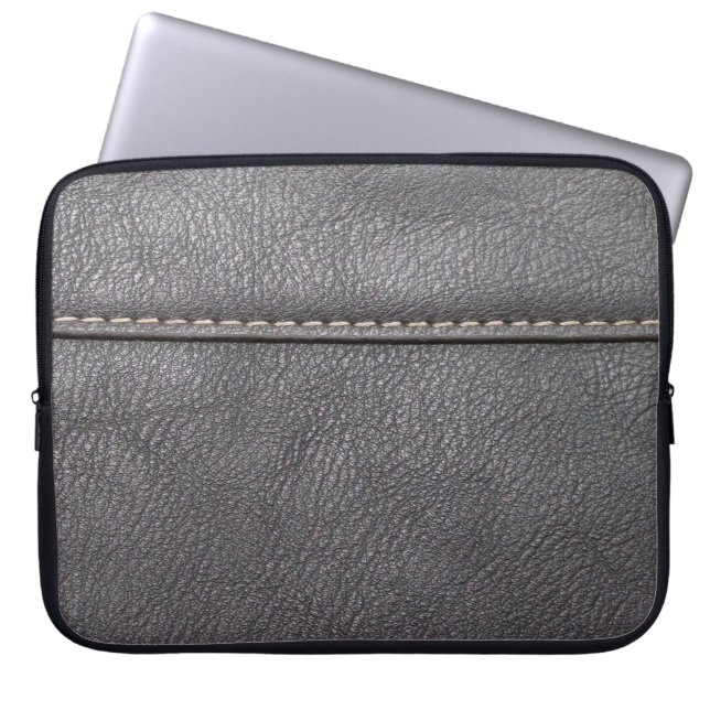 Black leather stitched with white stitching laptop sleeve (Front)