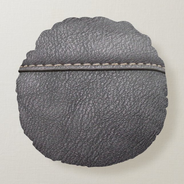 Black leather stitched with white stitching round cushion (Front)