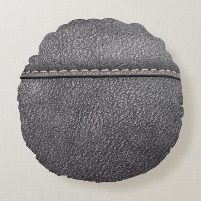 Black leather stitched with white stitching round cushion (Front)