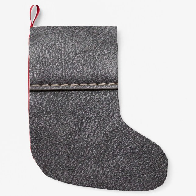 Black leather stitched with white stitching small christmas stocking (Front)