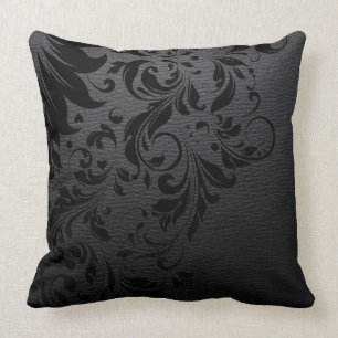 Black Leather Texture & Black Floral Lace Cushion