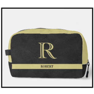 Black Leather Texture Gold Monogram Name Dopp Kit