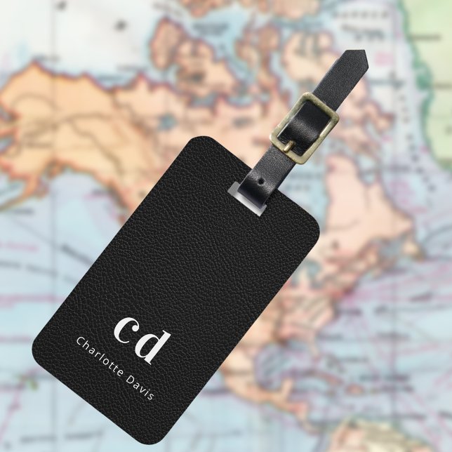Black leather texture monogram luggage tag (Creator Uploaded)