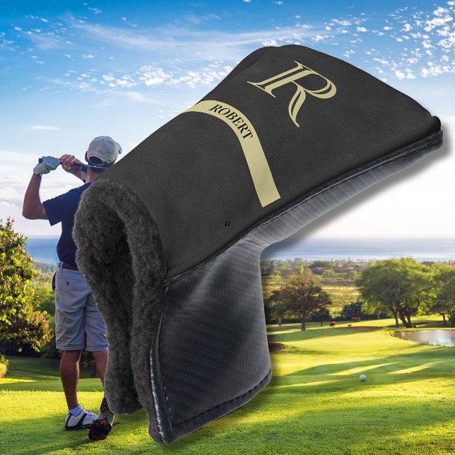 Black Leather Texture Monogram Name Gold   Golf Head Cover (Creator Uploaded)