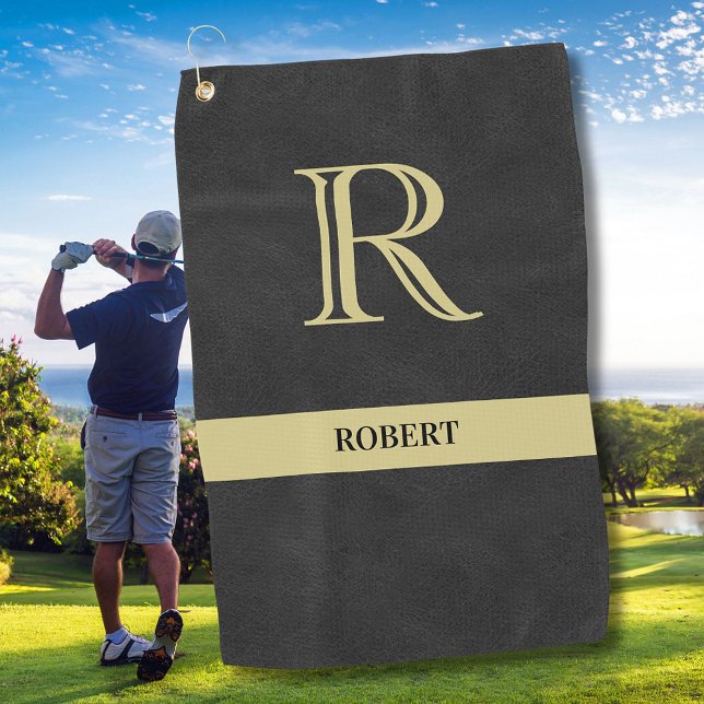 Black Leather Texture Monogram Name Gold   Golf Towel (Creator Uploaded)