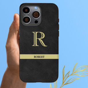 Black Leather Texture Monogram Name Gold iPhone 16 Pro Max Case