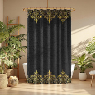 Black Leather Texture Print Gold Border Shower Curtain