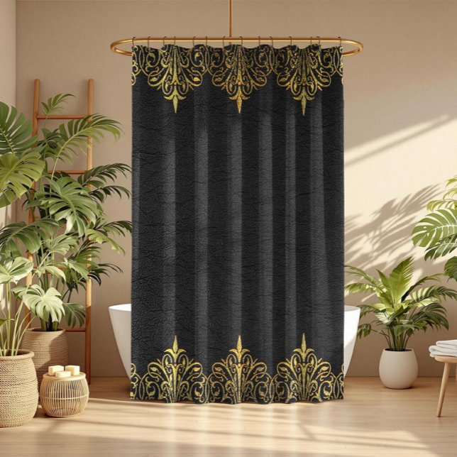 Black Leather Texture Print Gold Border Shower Curtain (Creator Uploaded)