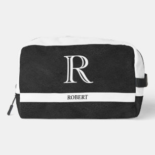 Black Leather Texture Trim White Monogram Name Dopp Kit