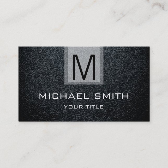 Black Leather Textured Monogram Business Card (Front)