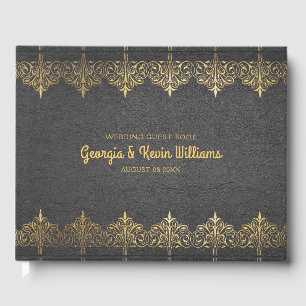 Black Leather Vintage Gold Lace Border Guest Book