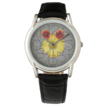 Black leather watch with flower face