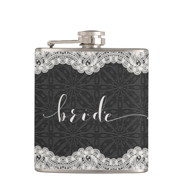 Black Leather, White Lace, & Bride Typography Hip Flask (Front)