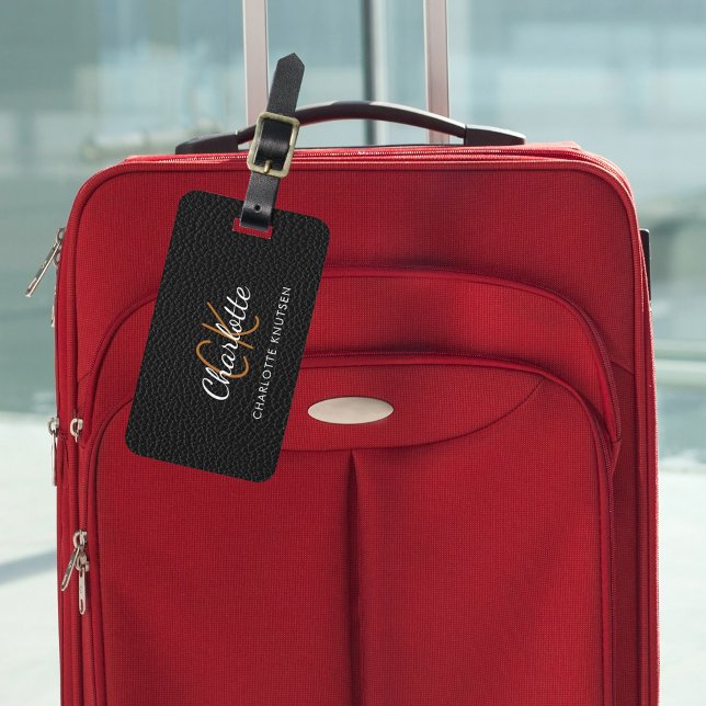 Black leather white monogram name luggage tag (Creator Uploaded)