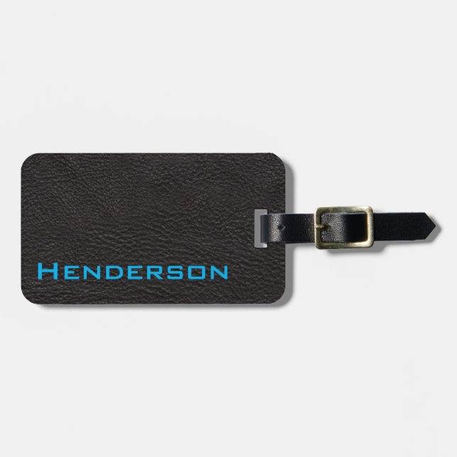 Black Leather with Blue Text Luggage Tag (Front Horizontal)