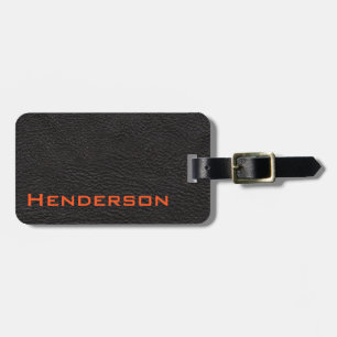 Black Leather with Orange Text Luggage Tag