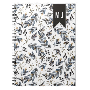 Black Leaves Berries Pattern Monogram Notebook