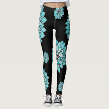 Black legging with graphic teal blue flower design