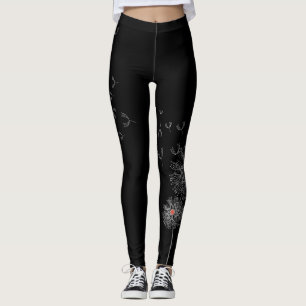 Black Leggings with Dandelion Print on One Leg