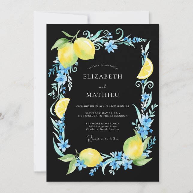 Black Lemon Citrus Eucalyptus Wedding Invitation (Front)