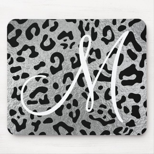Black Leopard and Faux Silver Foil Monogram Mouse Pad (Front)