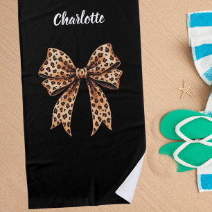 Black leopard bow name beach towel