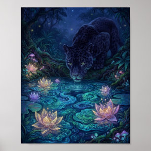 Black Leopard Gazing into Magical Night Pool Glowi Poster