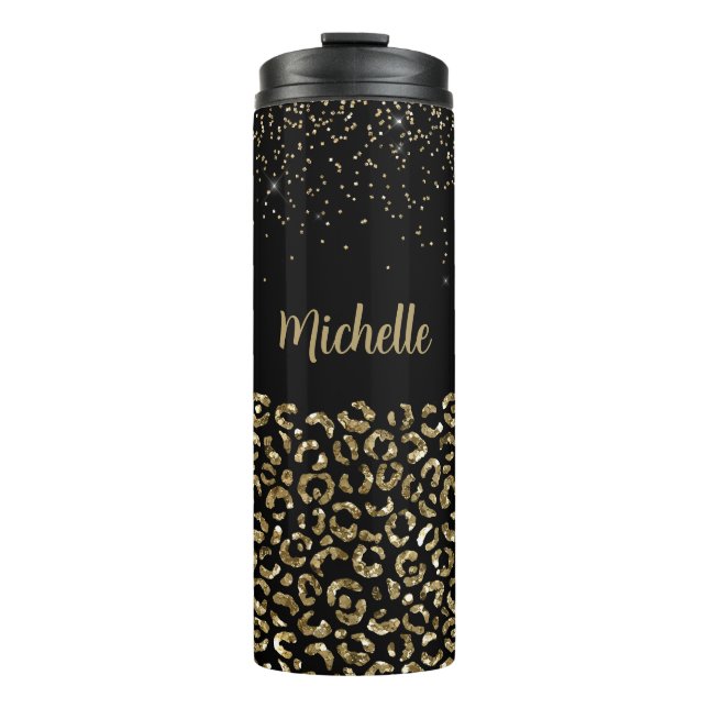 Black Leopard Glitter Personalise Name Thermal Tumbler (Front)