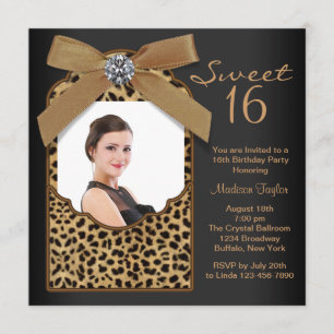 Black Leopard Photo Sweet 16 Birthday Party Invitation