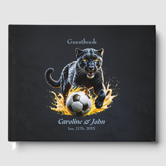 Black leopard playing with a soccer.  guest book (Front)