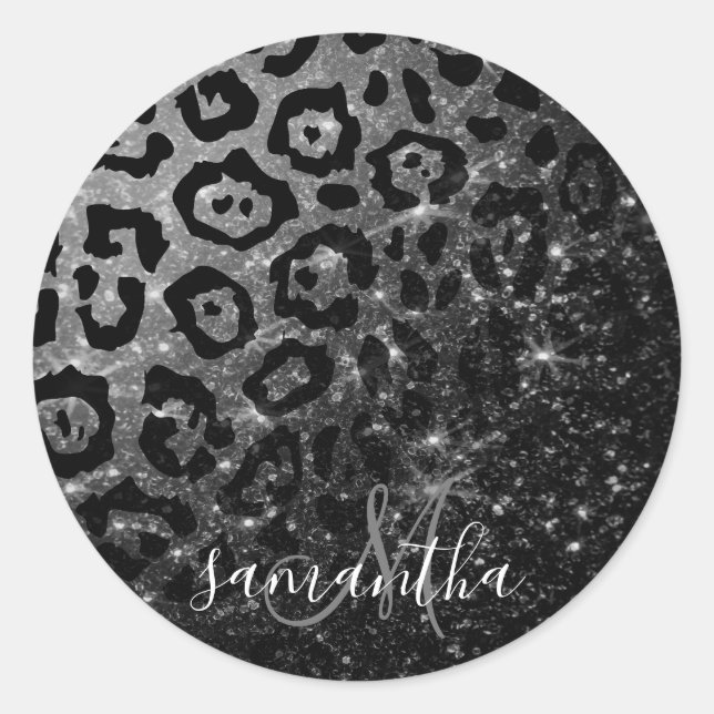 Black Leopard Print and Glitter Classic Round Sticker (Front)