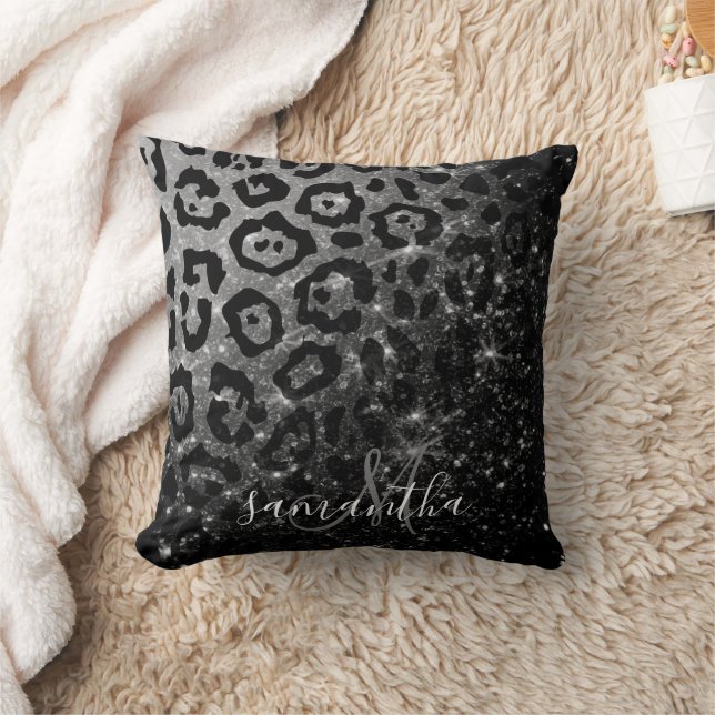Black Leopard Print and Glitter Cushion (Blanket)