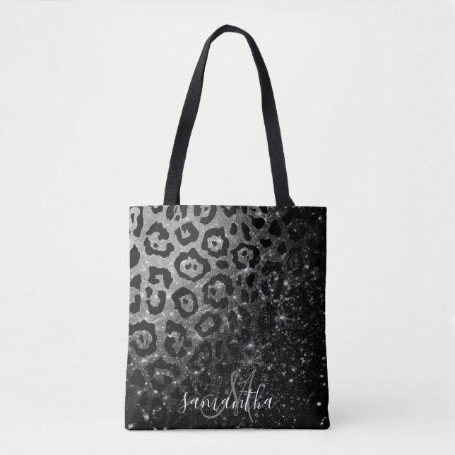 Black Leopard Print and Glitter Tote Bag (Front)