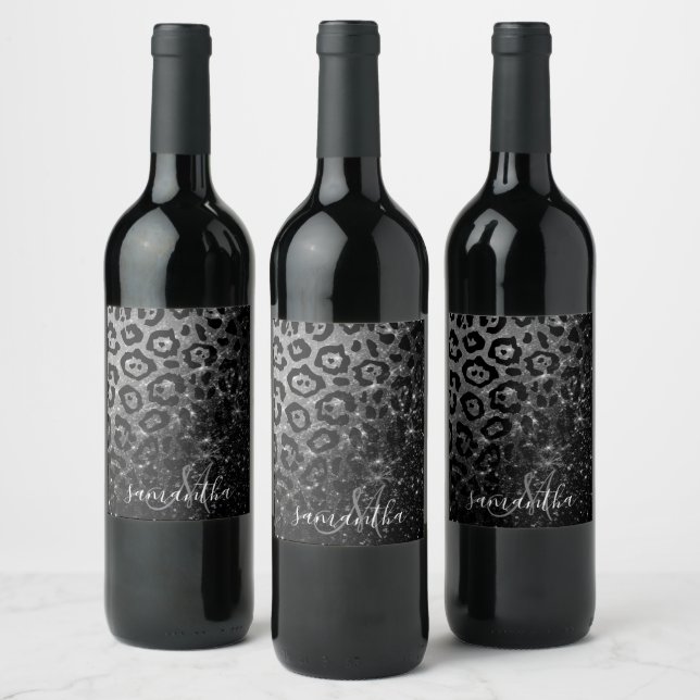 Black Leopard Print and Glitter Wine Label (Bottles)