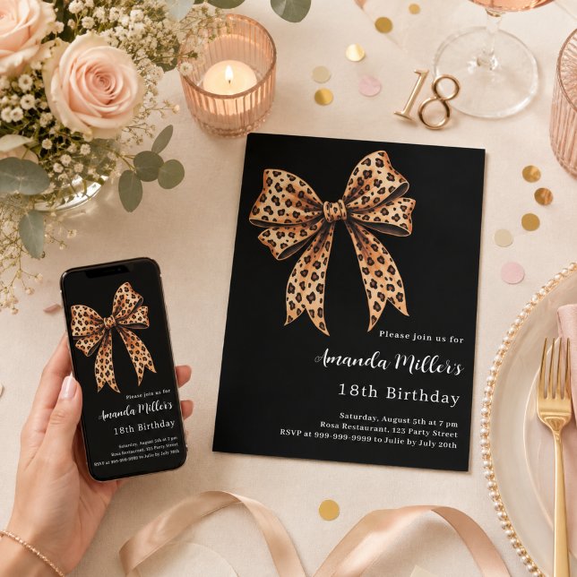 Black leopard print bow brown birthday invitation (Creator Uploaded)