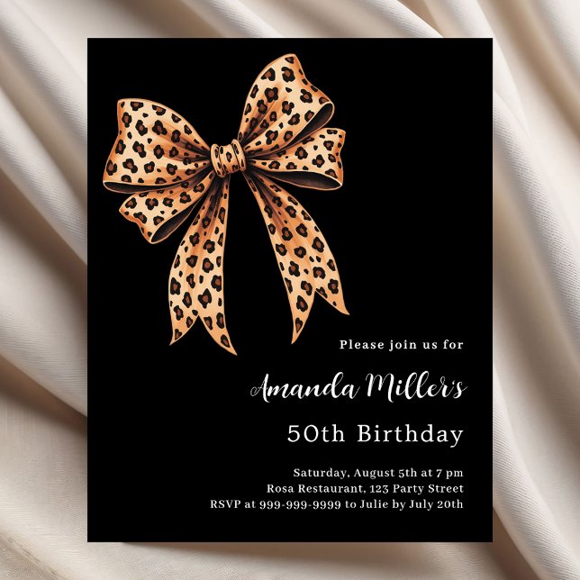 Black leopard print bow brown birthday invitation (Creator Uploaded)