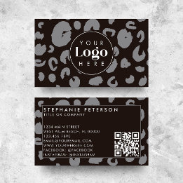 Black Leopard Print Custom Company Logo QR Code Business Card