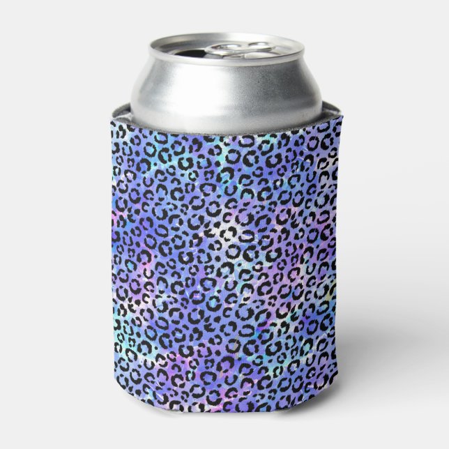 Black Leopard Print on Blue Watercolor Background Can Cooler (Can Front)