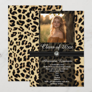 Black Leopard Ribbon Jewel Photo Graduation Invitation